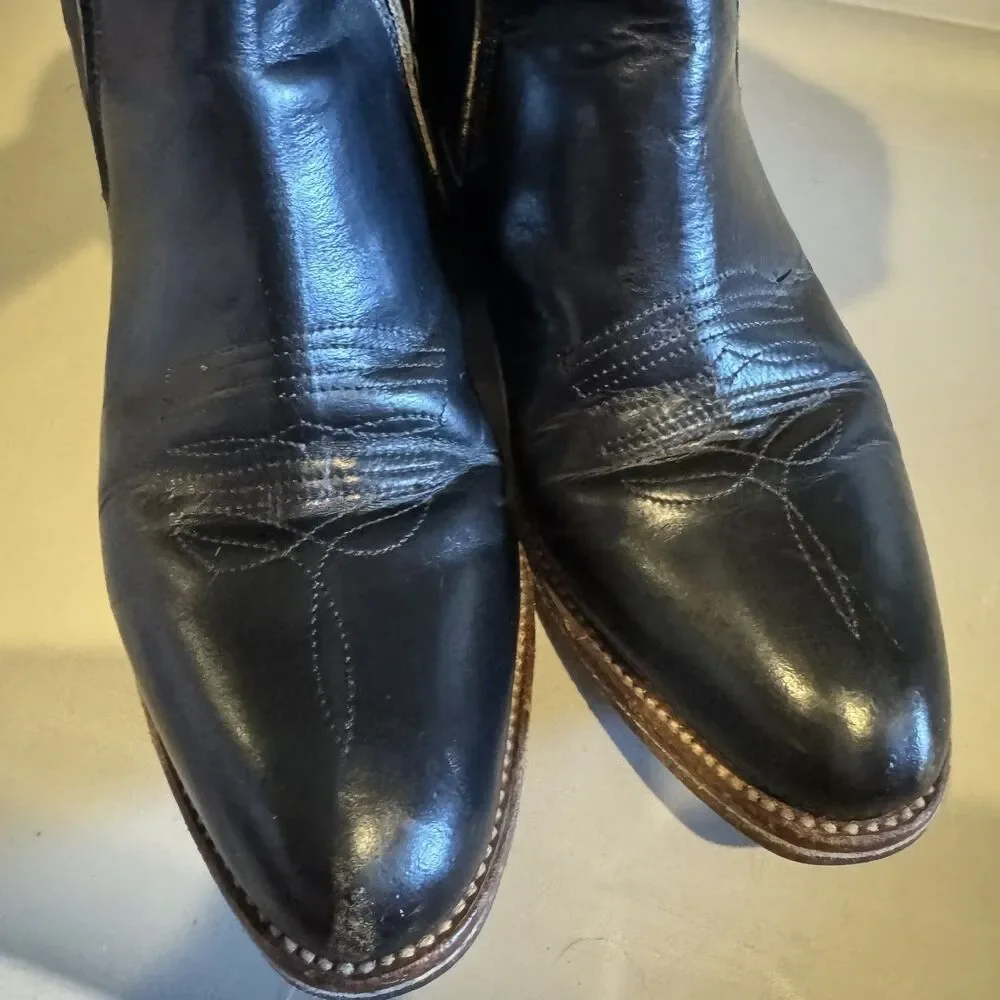 Vintage Boots Black Leather Chelsea Ankle Western Cuban Heel Slip On Women 9/9.5